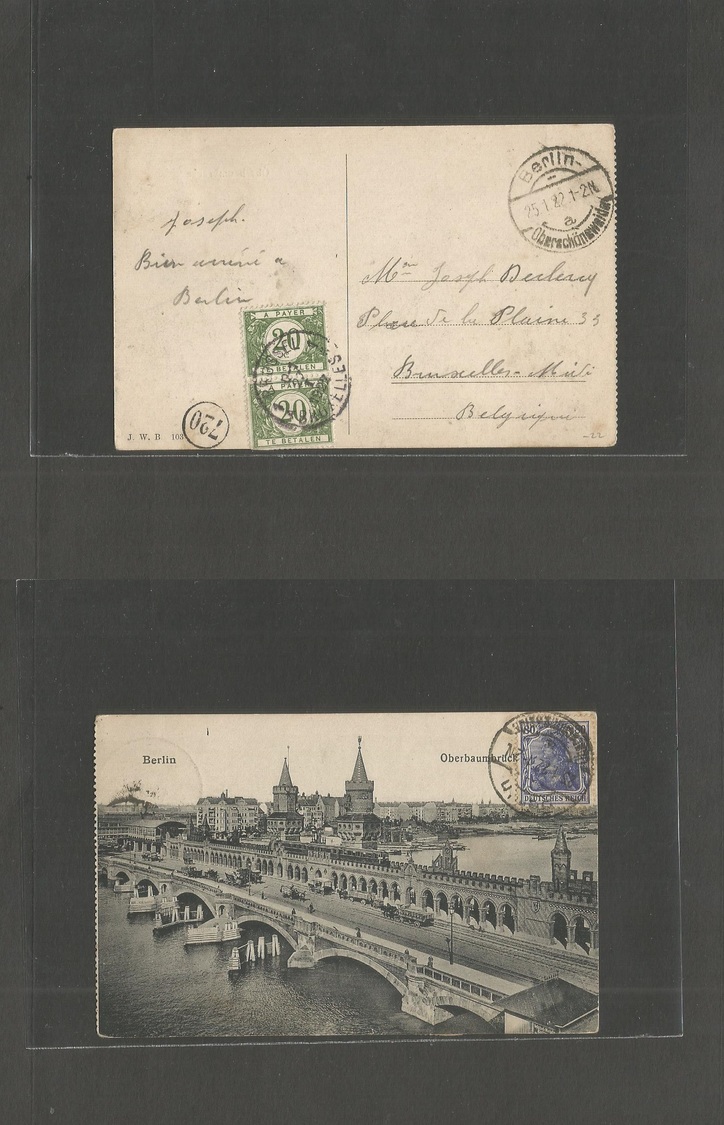 Germany - Xx. 1922 (25 Jan) Berlin - Belgium, Bruxelles (27 Jan) Reverse Fkd Ppc + Taxed (x2) Arrival Postage Dues, Tied - Autres & Non Classés