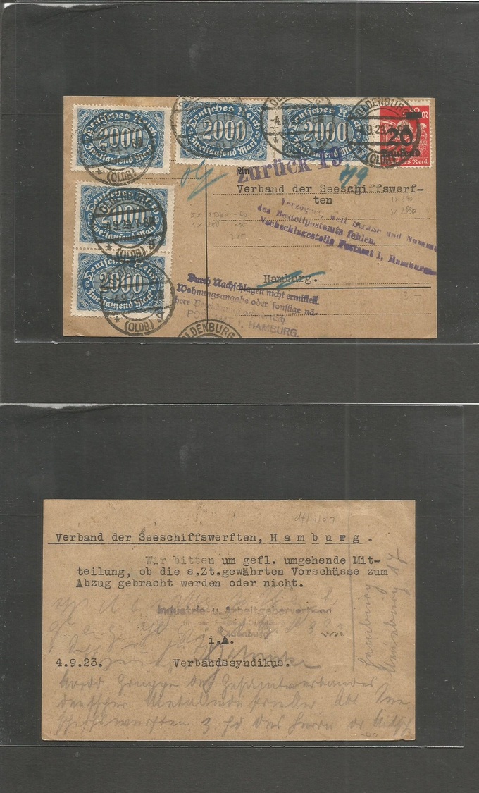 Germany - Xx. 1923 (4 Sept) Inflation Period. Oldenburg - Hamburg. Multifkd Private Card At 30 Thousand M. Rate + Retour - Autres & Non Classés