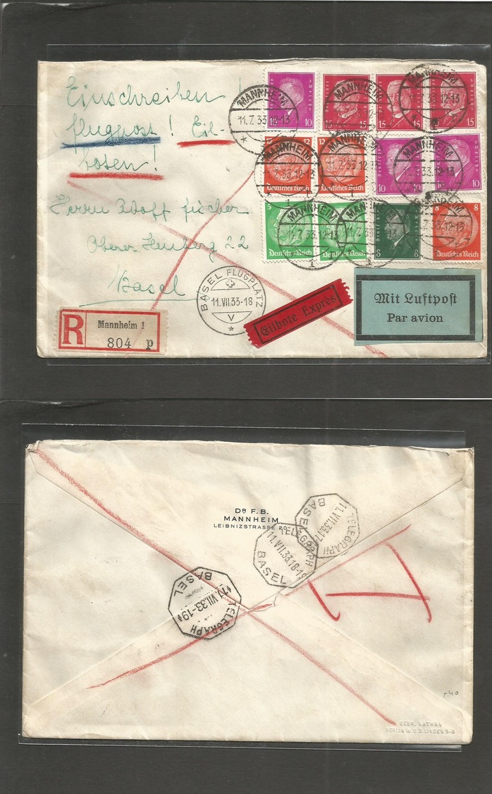 Germany - Xx. 1933 (11 July) Mannheim - Switzerland, Basel (11 July) Air Registered Express Service Multifkd Envelope. S - Autres & Non Classés