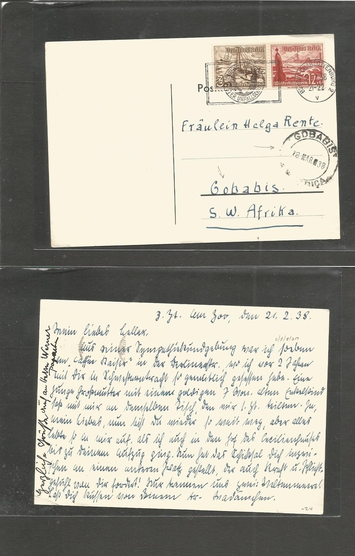 Germany - Xx. 1938 (18 March) Chalottenburg - Gobabis, SWA. Fkd Private Card. Slogan Cachet. German Cols Reclaim Movemen - Sonstige & Ohne Zuordnung