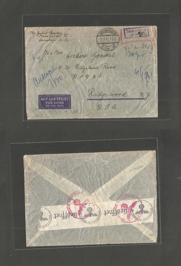 Germany. 1941 (11 June) Meiningen, Thuringen - USA, Ridgewood, NS. Cash Paid Air Rate Fkd Env 4,15 NM. Reverse Censored. - Autres & Non Classés