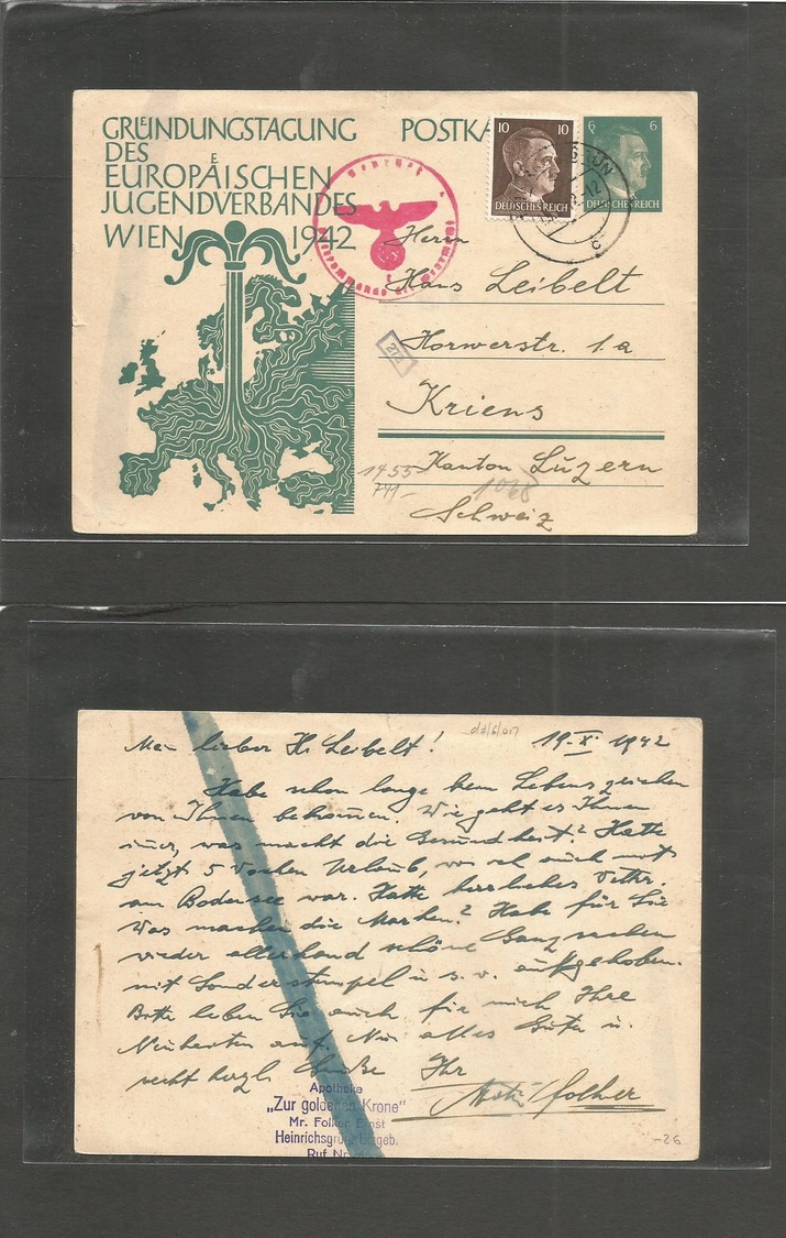 Germany - Xx. 1942 (19 Oct) Krome, Grun - Switzerland, Kriens 6m Green Europa Youth Roots Illustrated Stat Card + Adtl.  - Autres & Non Classés