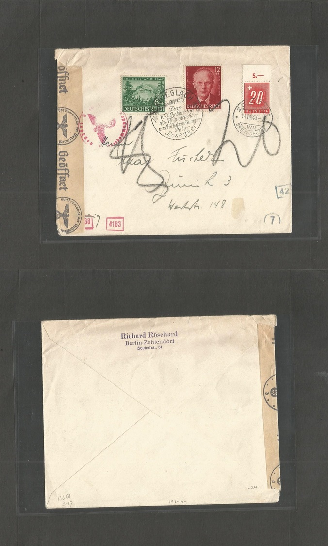Germany - Xx. 1943 (31 July) Krieglach - Switzerland, Zurich (17 Ago) Fkd + Special Cachet. Censored Envelope. Tax + Arr - Autres & Non Classés