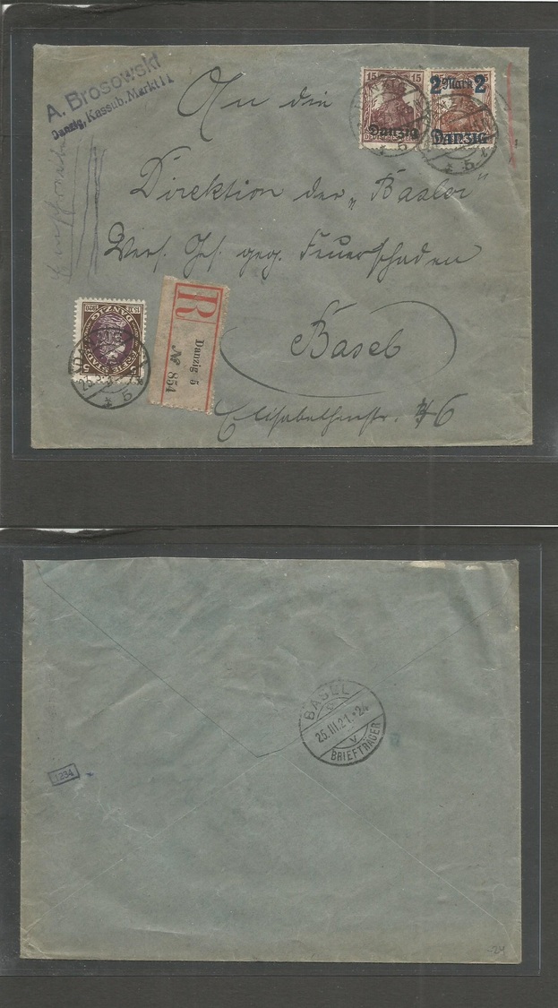 Germany - Danzig. 1921 (23 March) Danzing 5 - Switzerland, Basel (25 March) Registered Multifkd Ovptd Issue Germania. VF - Autres & Non Classés