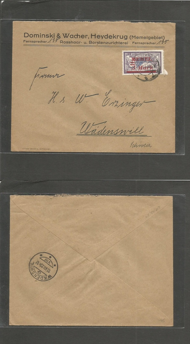 Memel. 1922 (11 July) Heydekrug - Switzerland, Wadenswel. Single 3 Mark / 60c Ovptd Issue. Comercial Correspondence. VF. - Autres & Non Classés