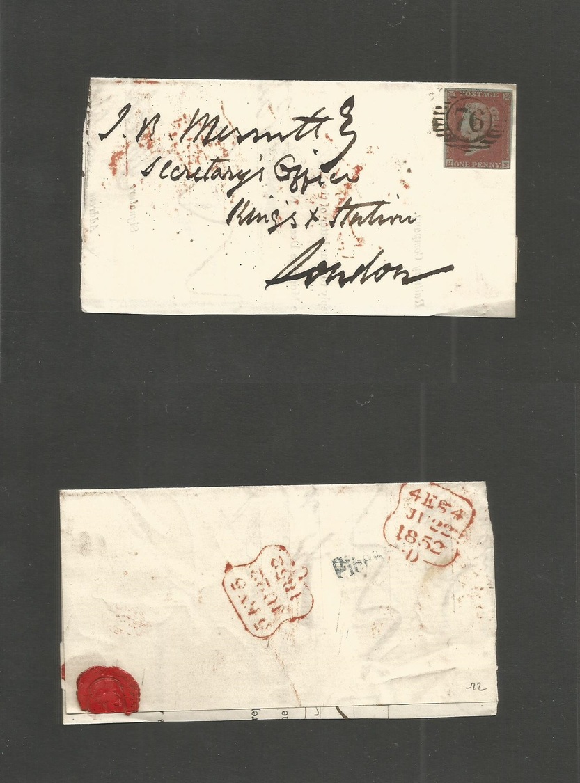 Great Britain. 1852 (July 22) Local London Usage To King Cross. Outer Wrapper Fkd 1841 1d Red, Tied "76" Grill. - ...-1840 Voorlopers