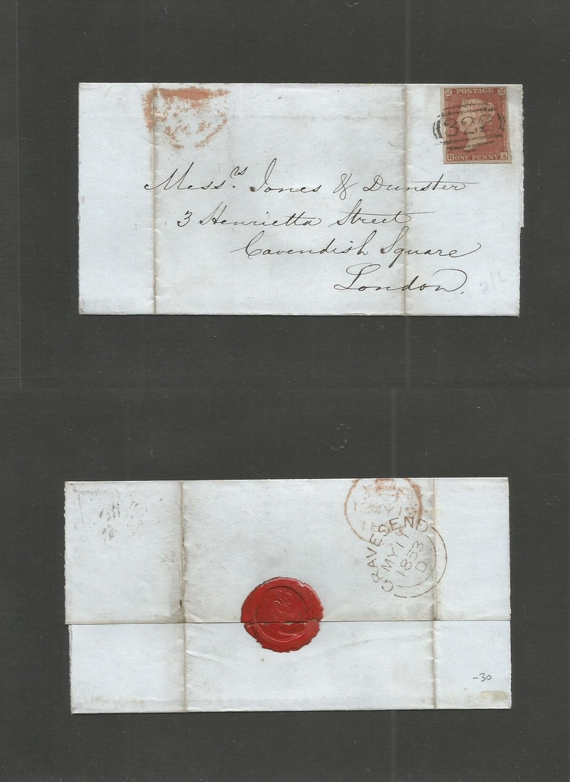 Great Britain. 1853 (11 May) Gravesend - Lonon (11 May) E. Fkd 1d Red 1841 Complete Margins, Tied "322" Grill. Fine. Nic - ...-1840 Préphilatélie