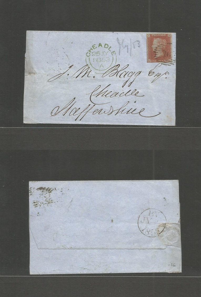 Great Britain. 1853 (25 July) London, Cheadle, Staffordshire. E. Fkd 1841 1d Red, "16" Diamond Grill, Green Cds. Fine. - ...-1840 Voorlopers