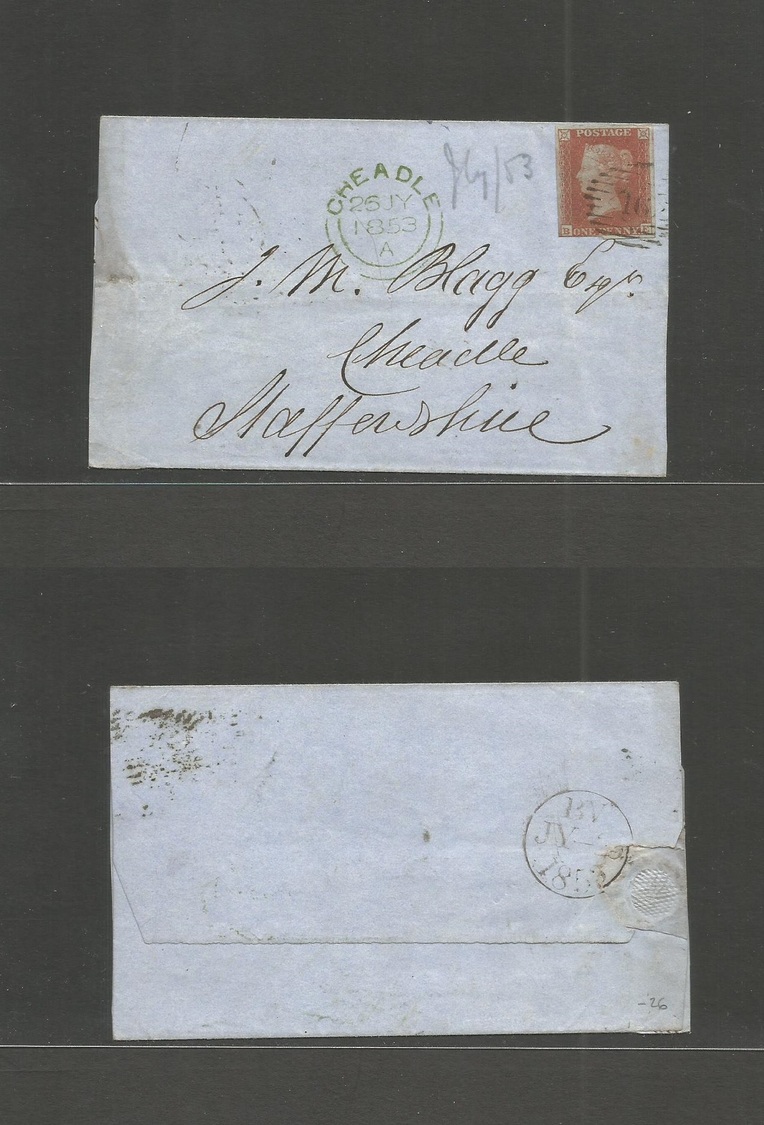 Great Britain. 1853 (25 July) London, Cheadle, Staffordshire. E. Fkd 1841 1d Red, "16" Diamond Grill, Green Cds. Fine. - ...-1840 Préphilatélie