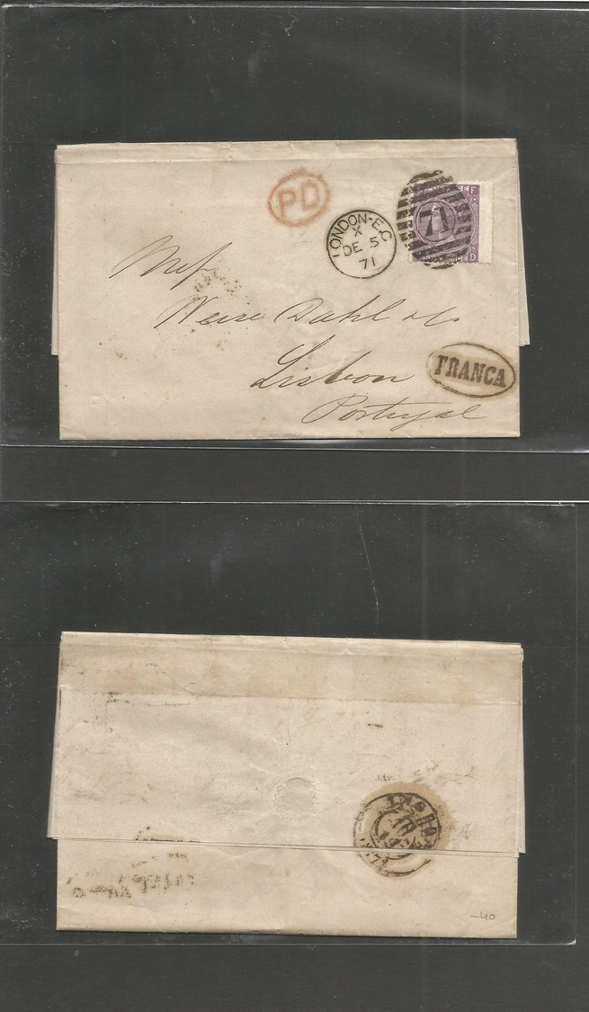 Great Britain. 1871 (Dec 5) London - Portugal, Porto (10 Dec) EL Fkd 6d Lilac Large Cover Letters Pl 9, 71 Grill + Oval  - ...-1840 Préphilatélie