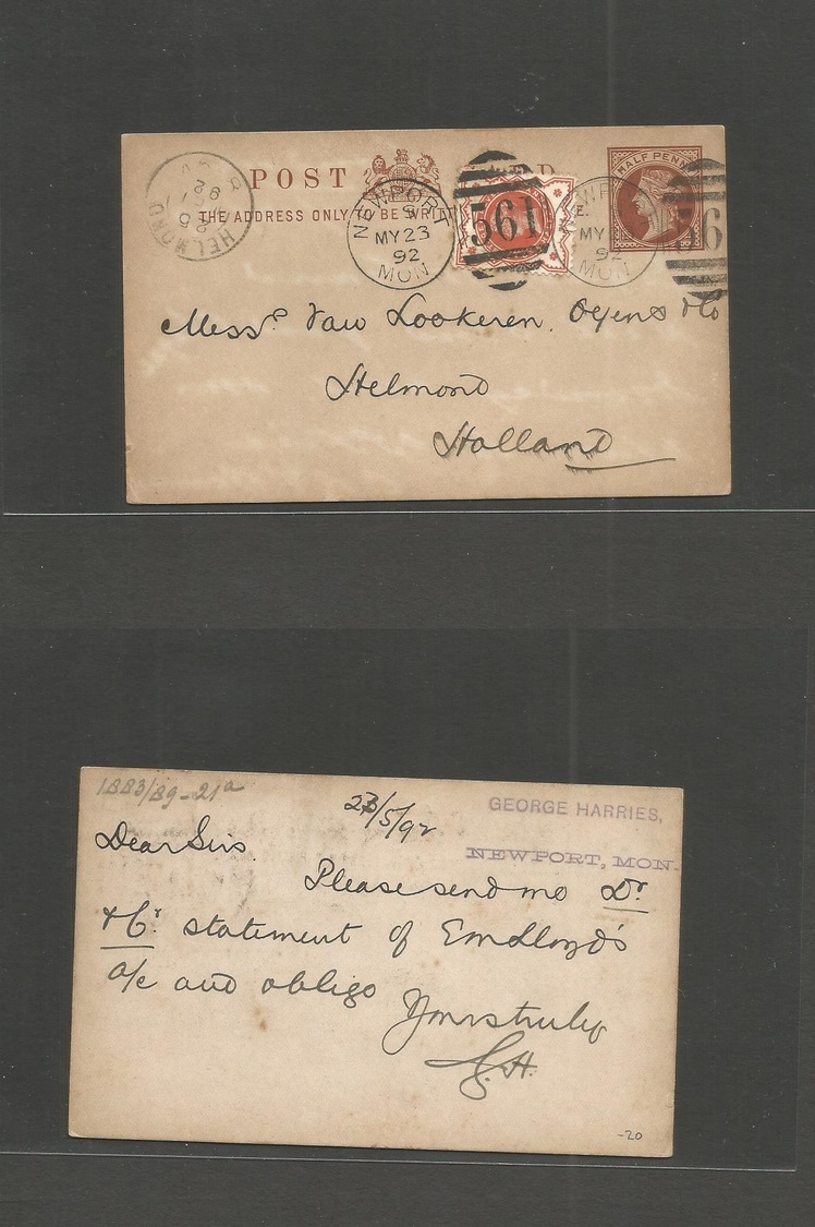 Great Britain - Stationery. 1892 (23 May) Newport, Mon - Netherlands, Helmond (25 May) 2d Brown Stat Card + 1/2d Orange  - ...-1840 Préphilatélie