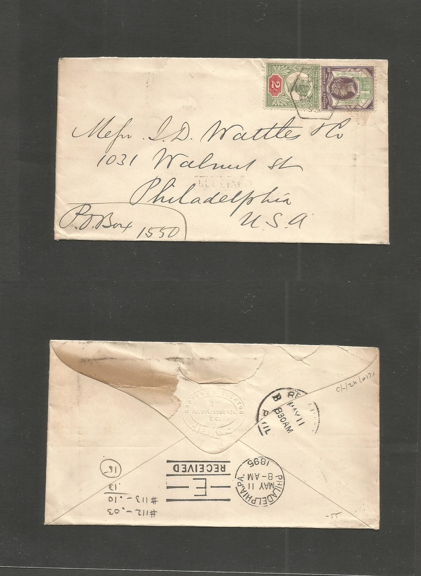 Great Britain. 1895 (May 11) Ludgate Grans - USA, Pha (11 May) Fkd Env 1 1/2d + 2d, Tied Hexagonal Ds. Lovely Condition  - ...-1840 Préphilatélie