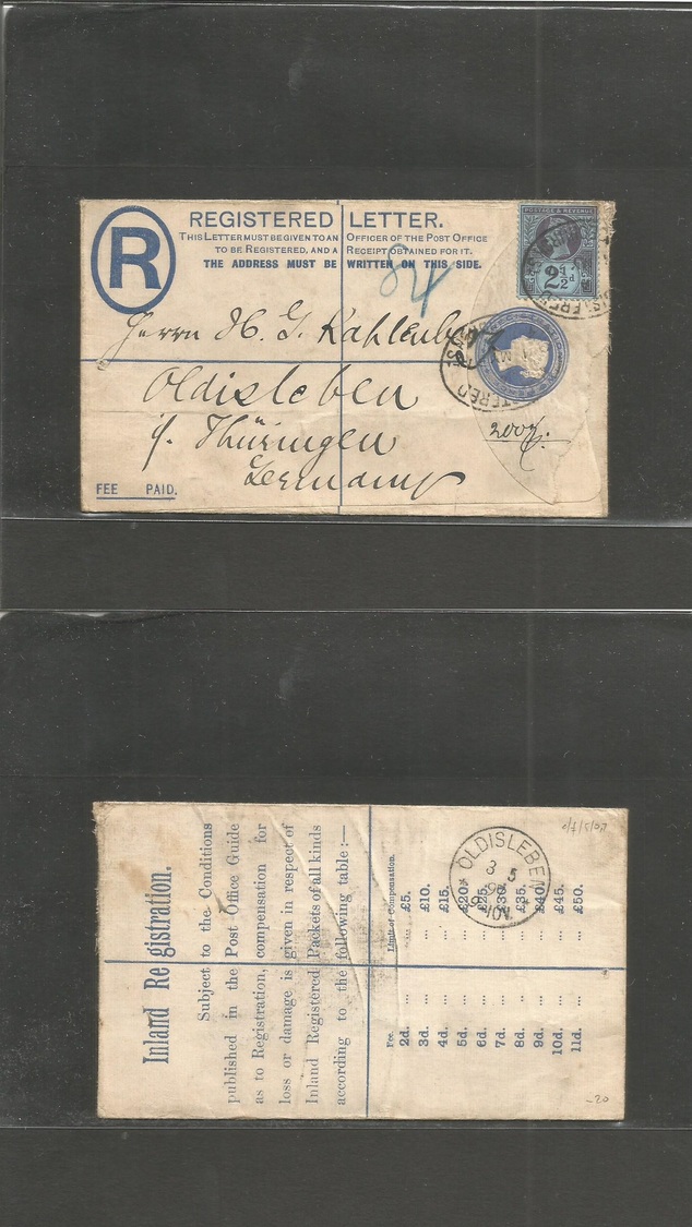 Great Britain - Stationery. 1897 (1 May) Grangechurch - Germany, Thuringen Oldisleben (3 May) Registered 2d Blue Stat +  - ...-1840 Préphilatélie