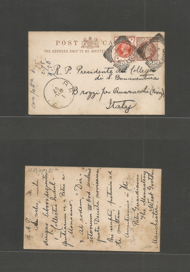 Great Britain - Stationery. 1897 (29 May) Gorton - Italy, Brozzi, Firenze (1 June) 1/2d Bown Stat Card + 1/2d Orange Adt - ...-1840 Préphilatélie