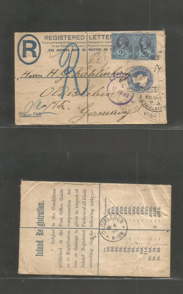 Great Britain - Stationery. 1899 (June 16)  Wolwich, Albina Rd - Germany, Oldisleben (18 June) Registered QV 2d Stat Env - ...-1840 Préphilatélie