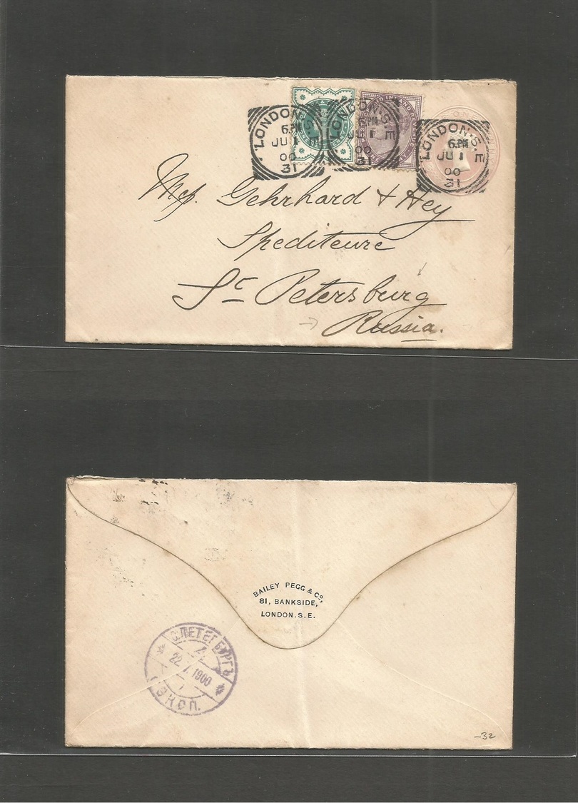 Great Britain - Stationery. 1900 (Jn 1) London - Rusia, St. Petersburg (22 July) 1d Rose Stat Env + 2 Adtls, Cds. Fine I - ...-1840 Préphilatélie