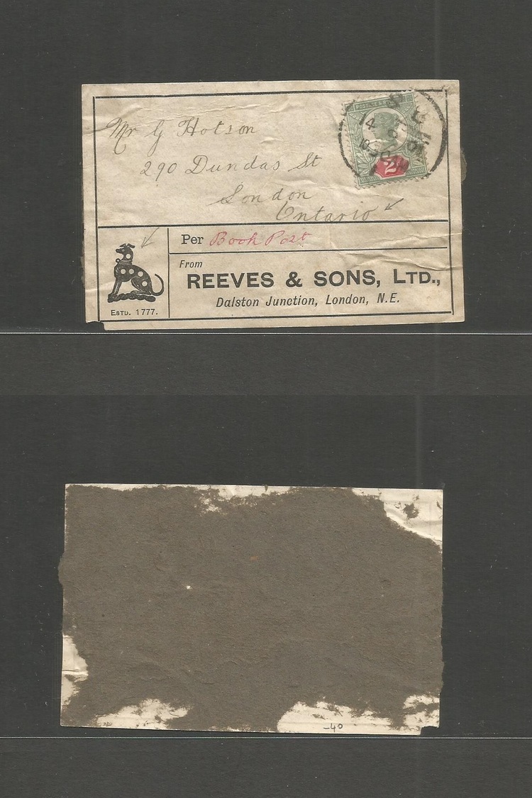 Great Britain. 1901 (14 Sept) London NE - Canada, London, Ontario. Printed Wrapper Rate Fkd Label At 2d Bicolor Cds. Dog - ...-1840 Préphilatélie