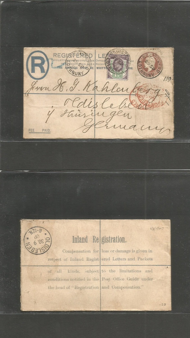 Great Britain - Xx. 1902 (29 Sept) Lothbury - Germany, Oldisleben (30 Sept) Registered 3d Brown Stat Env + 1 1/2d Adtl.  - ...-1840 Préphilatélie