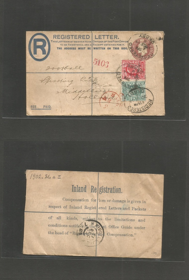 Great Britain - Xx. 1904 (30 Dec) Derby - Netherlands, Middelburg (31 Dec) Registred 2d + 1d Brown Stat Env + 2 Adtls, O - ...-1840 Préphilatélie