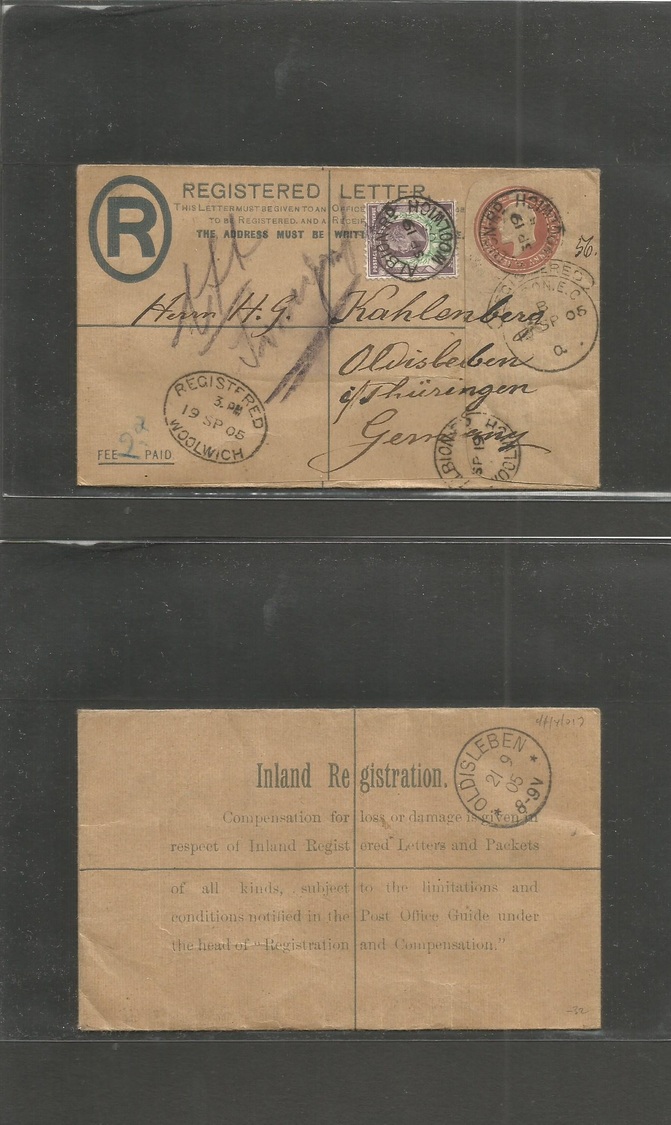 Great Britain - Stationery. 1905 (19 Sept) Woolwich, Albion Rof - Germany, Oldisleben, Thuringen. Registered 3d Brown St - ...-1840 Vorläufer