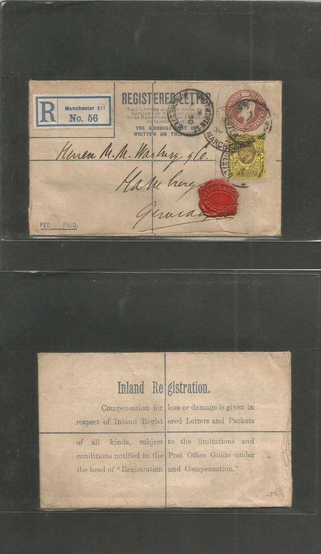 Great Britain. 1906. Manchester (211) Germany, Hamburg. Registered 2d + 1d Brow Stat Env + 3d Adtl, Cds. - ...-1840 Préphilatélie