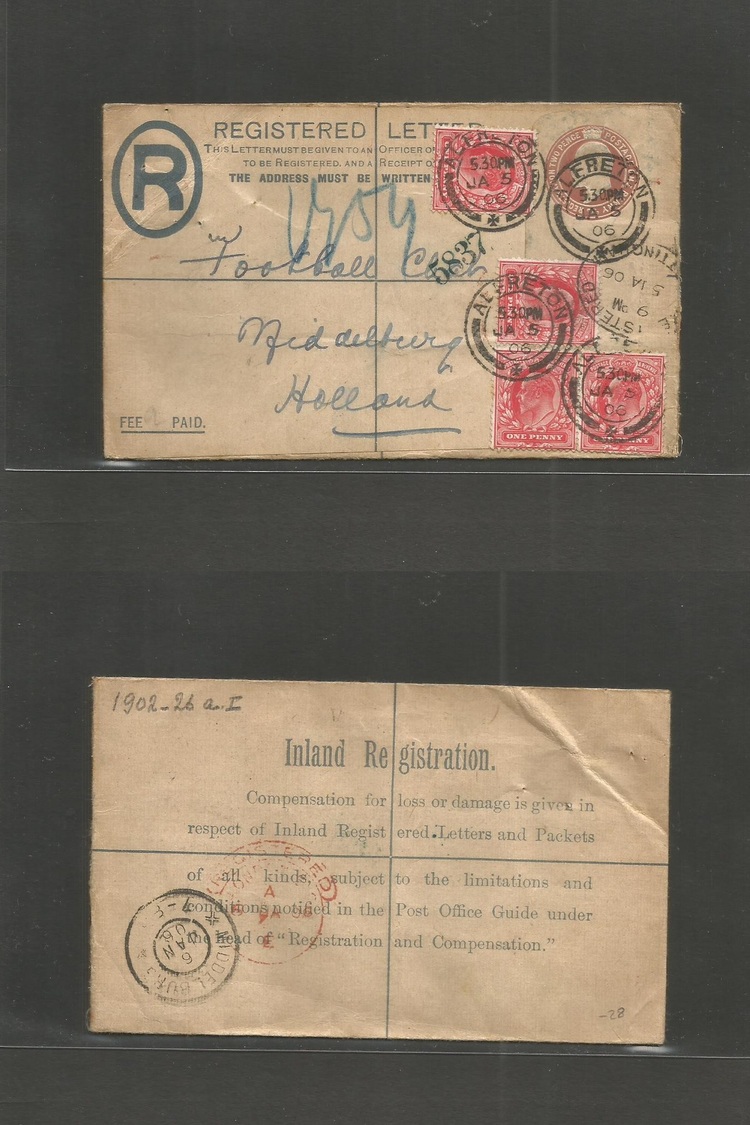 Great Britain - Xx. 1906 (5 Jan) Alfreton - Netherlands, Middelburg (6 Jan) Registered 2d + 1d Brown Stat Env + 4 Adtls  - ...-1840 Préphilatélie