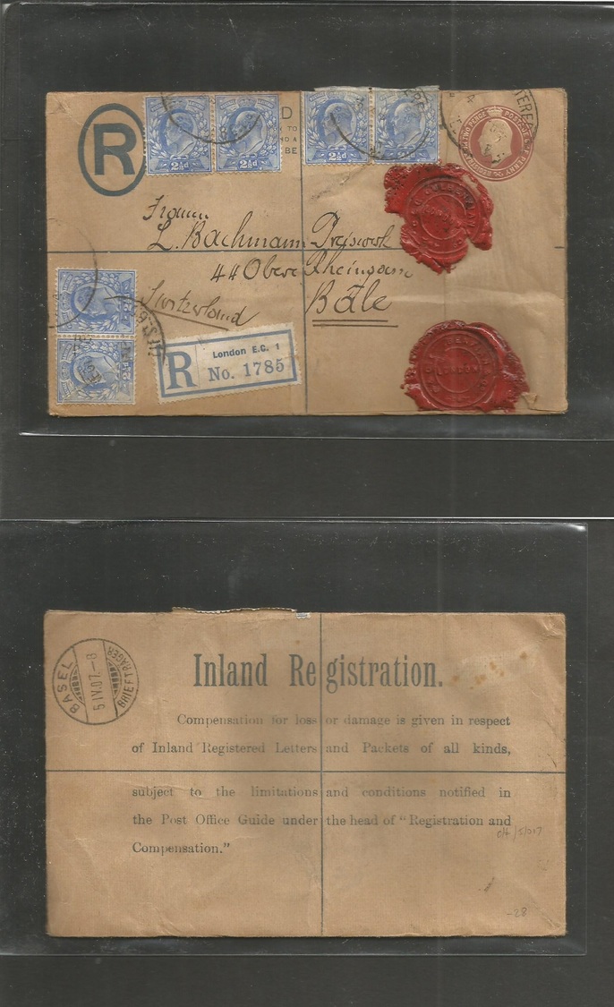 Great Britain. 1907 (April) London EL - Switzerland, Basel (5 April) Registered 3d Brown Stat Env + 6 Adtls (3 Pairs) Ov - ...-1840 Préphilatélie