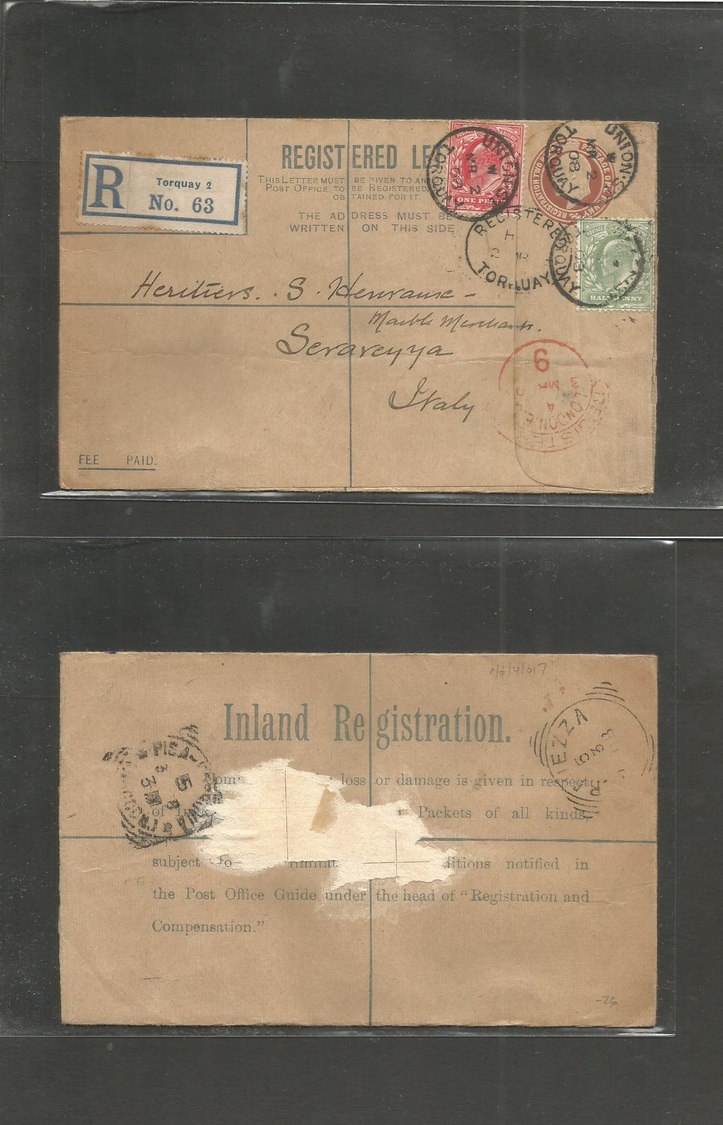 Great Britain. 1908 (2 March) Torquay, Union St - Italy, Serareyya, Pisa (5 March) 3d Brown Registered Stat Env + 2 Adtl - ...-1840 Préphilatélie