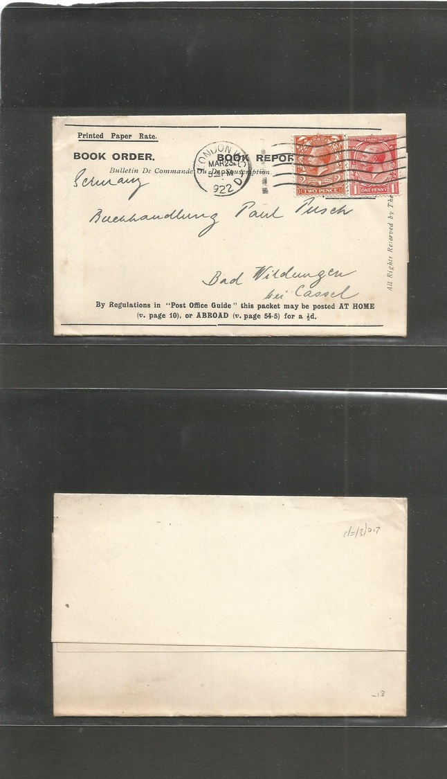 Great Britain - Xx. 1922 (23 March) London - Germany, Cassel, Bad Wildengen. Printed Papers Order Fkd 1d + 2d Orange, Ro - ...-1840 Vorläufer