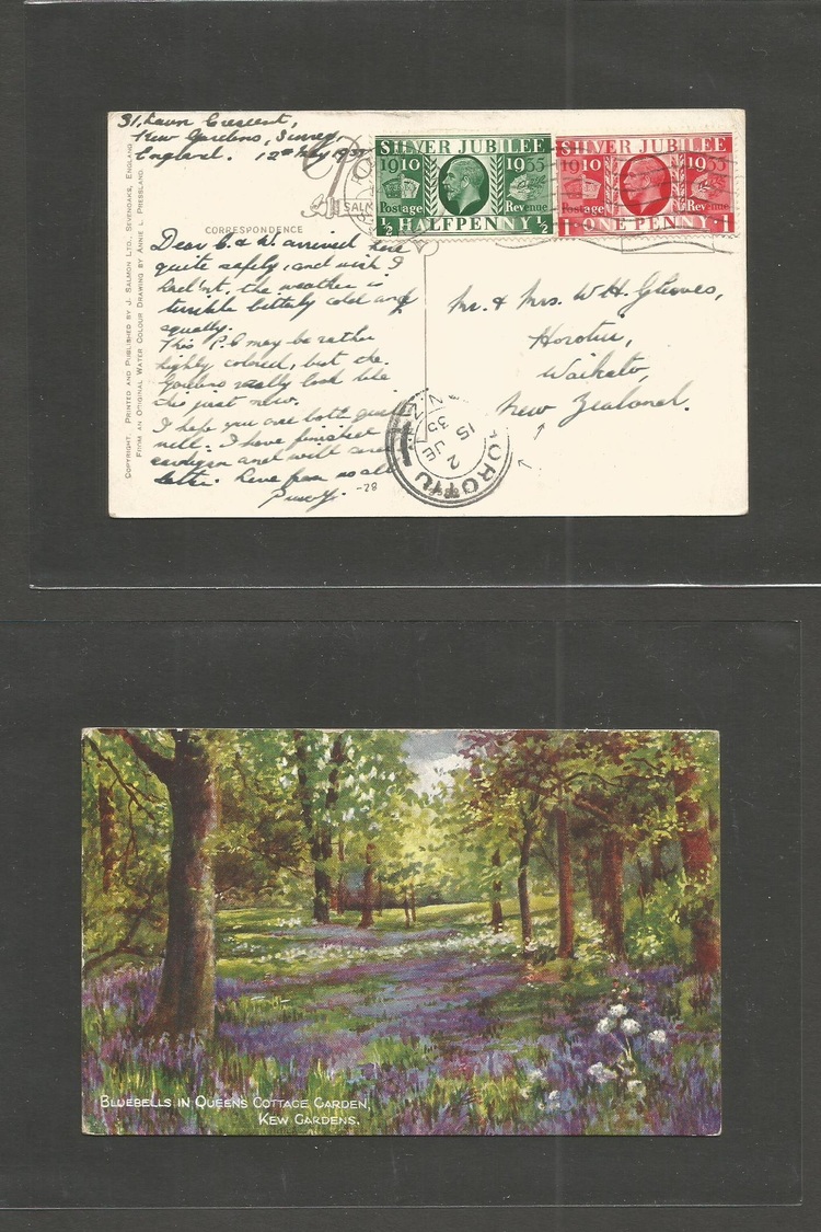 Great Britain - XX. 1935 (12 May) Silver Jubilee. Kew Gardens, Surrey - New Zealand, Waikato (15 June) Fkd Card + Arriva - ...-1840 Préphilatélie