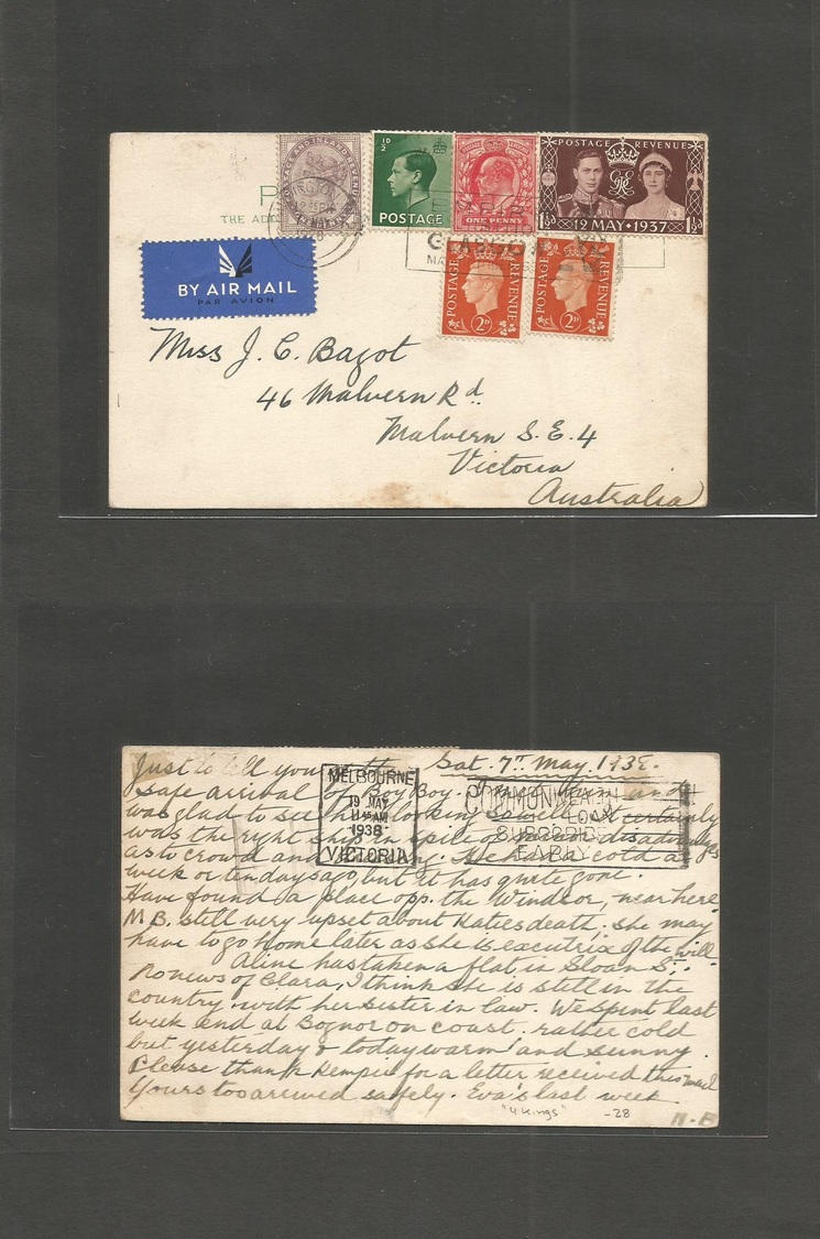 Great Britain - XX. 1938 (7 May) Paddington - Australia, Malvern, Via HK Multifkd Air Envelope. Incl QV 1d. Rolling Slog - ...-1840 Préphilatélie