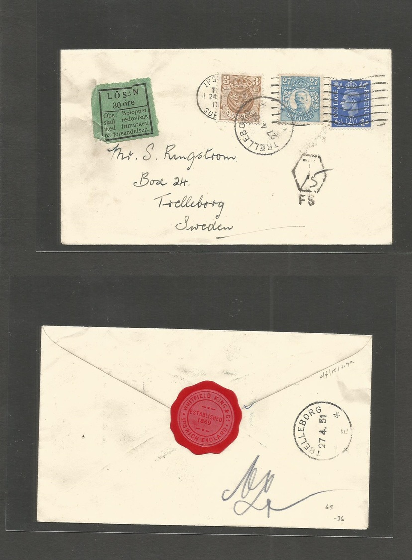 Great Britain - Xx. 1951 (24 Apr) Ipswich - Sweden, Treleburg. Fkd 2 1/2d Env + Taxed + 2x Swedish P. Dues, Tied Cds / F - ...-1840 Préphilatélie