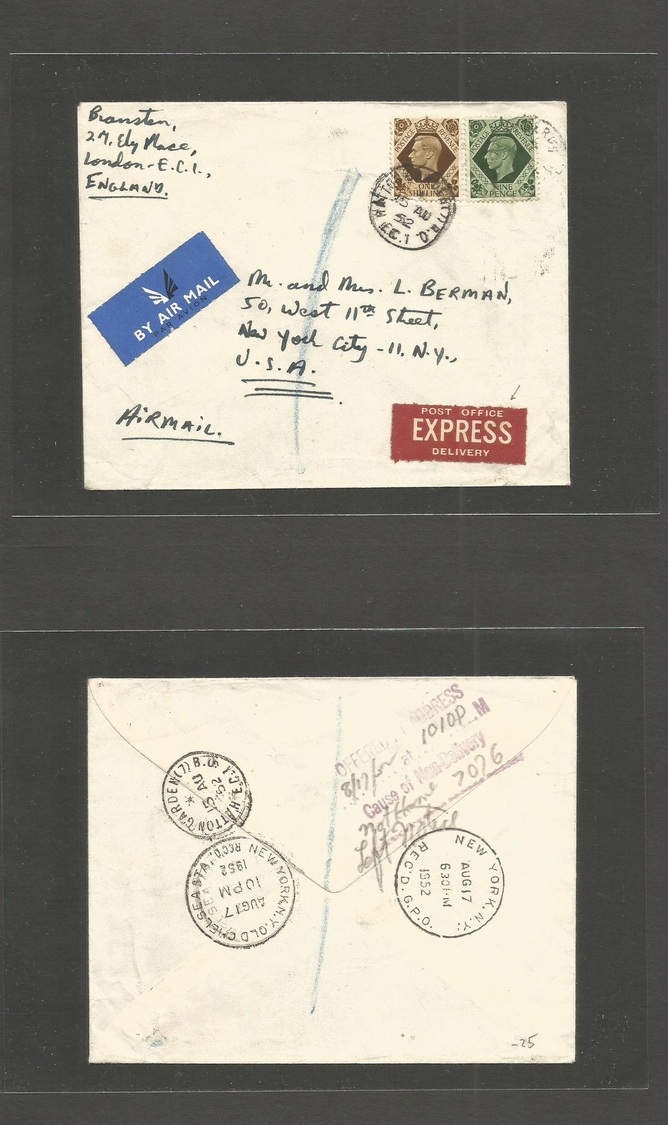 Great Britain - Xx. 1952 (15 Aug) Hatton, London - USA, NYC (17 Aug) Express Airmail Multifkd Env 1sh, 9d Rate + 2 Label - ...-1840 Préphilatélie