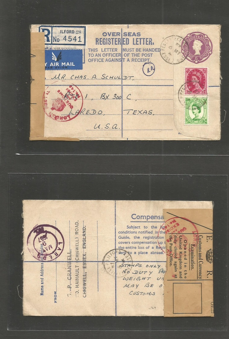 Great Britain - Stationery. 1957 (6 May) Ilford, Fenceplace Rd - USA, TX, Laredo (9 May) Registered Air Exchange Control - ...-1840 Préphilatélie