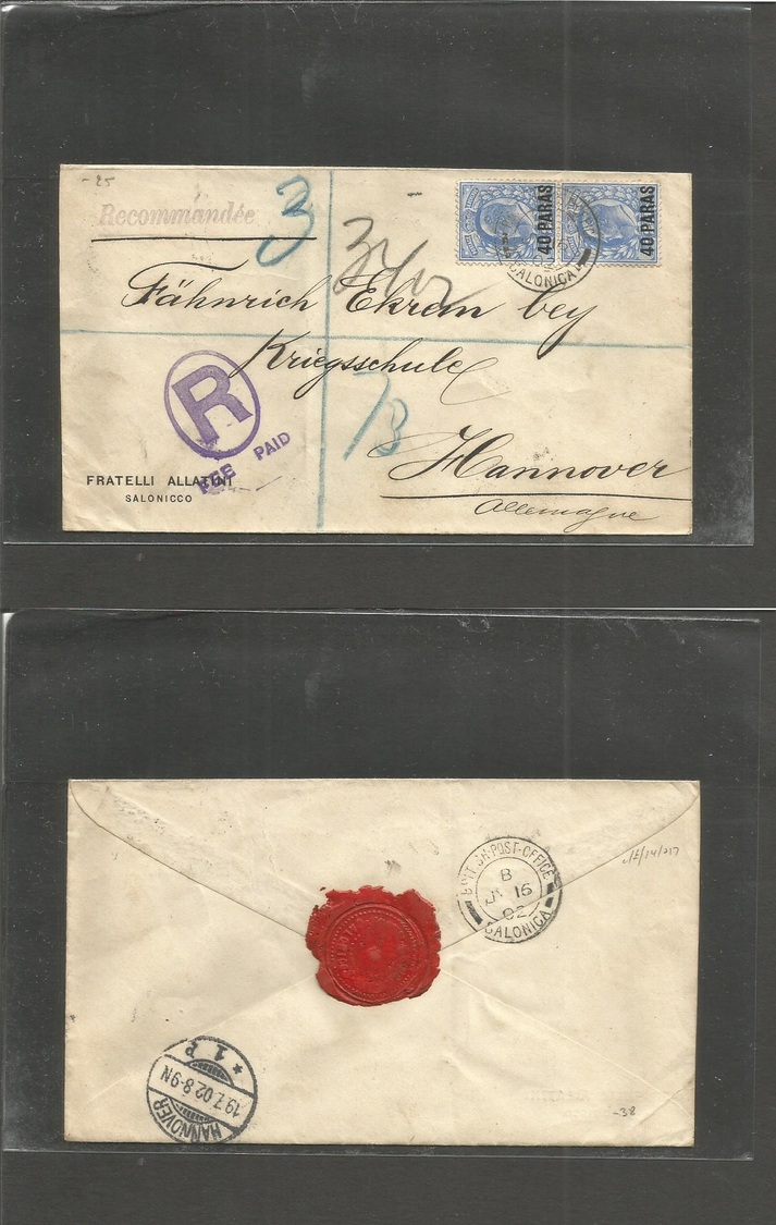 Grb - British Levant. 1902 (July 16) Turkey - Greece, Salonica - Germany, Hannover (19 July) Registered Multifkd Env Ovp - ...-1840 Préphilatélie