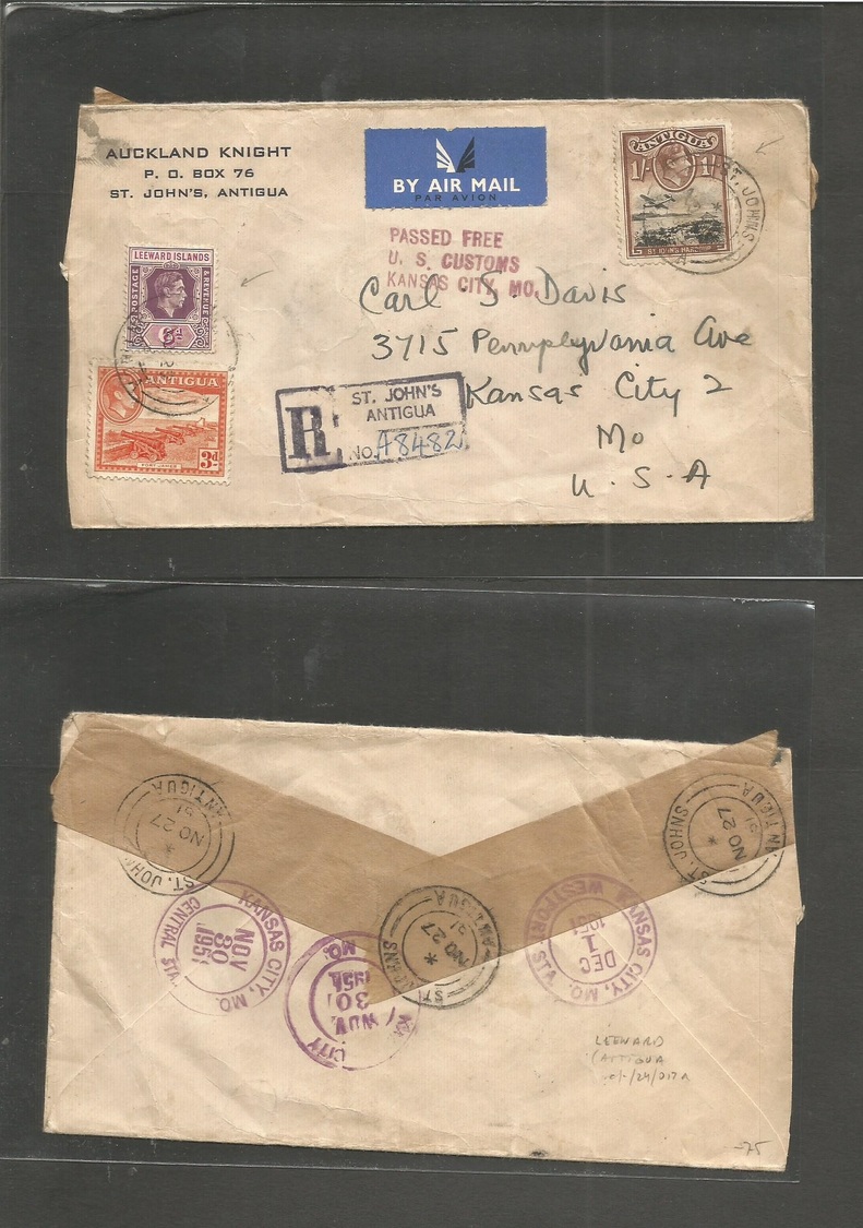 Bc - Antigua. 1951 (27 Nov) Leeward + Antigua Stamps, St Johns - USA, Kansas (1 Dec) Registered Air Multifkd Env At 1s 9 - Autres & Non Classés