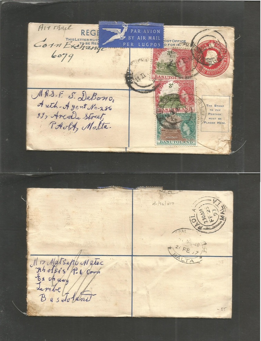 Bc - Basutoland. 1957 (13 Feb) Leribe - Malta, Paola (25 Feb) Registered Airmail 6d Red Multifkd Stationary Envelope + A - Autres & Non Classés
