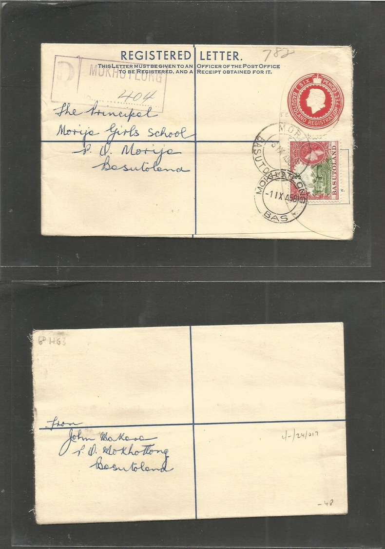 Bc - Basutoland. 1958 (1 Sept) Mokhotlong - Morija (3 Sept) Local Registered 6p Stat Env + Adtl 3d, Cds + R-cachet. Fine - Autres & Non Classés