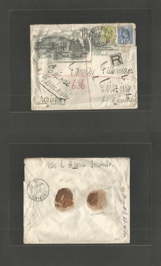 Bc - Ceylon. 1912 (4 Nov) Colombo - Germany, Munich (22 Nov) Bristol Hotel Illustrated Registered Fkd Envelope. Appealin - Sonstige & Ohne Zuordnung