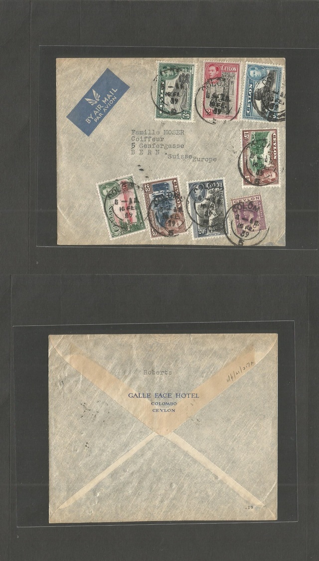 Bc - Ceylon. 1939 (16 Feb) Colombo - Switzerland, Bern. Air Multifkd Mixed Issues Env. Nice Item. - Autres & Non Classés