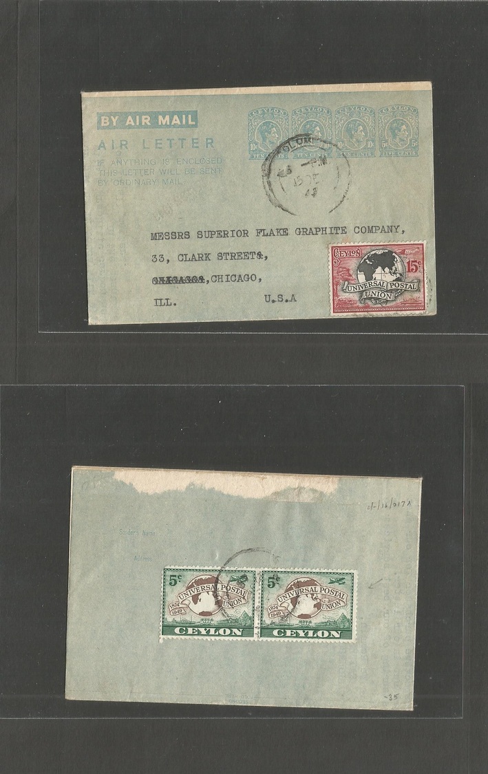 Bc - Ceylon. 1949 (15 Dec) Colombo - USA, Chicago. Quadruple Printed Stationary Airlettersheet + 2 Adtls (front + Revers - Autres & Non Classés
