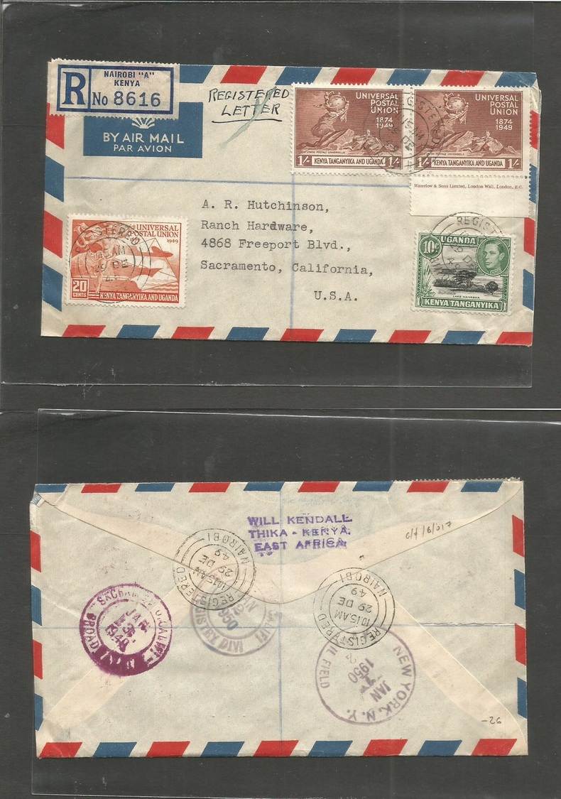 Bc - Kenya. 1949 (29 Dec) KUT. Nairobi - USA, CA, Sacramento (1-3 Jan 50) Registered Air Multifkd Env Incl UPU Issue + M - Autres & Non Classés