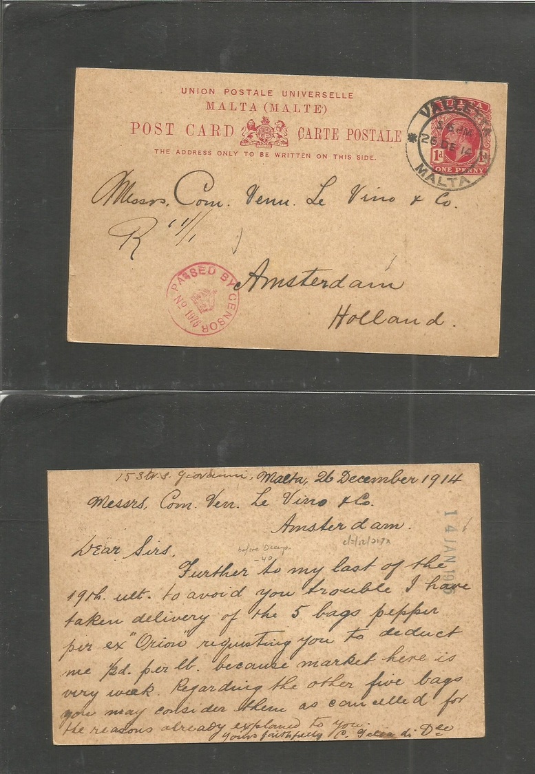 Bc - Malta. 1914 (26 Dec) Valetta - Netherlands, Amsterdam WWI Censor 1d Red Stat Card. Before German Occup. Better Dest - Autres & Non Classés