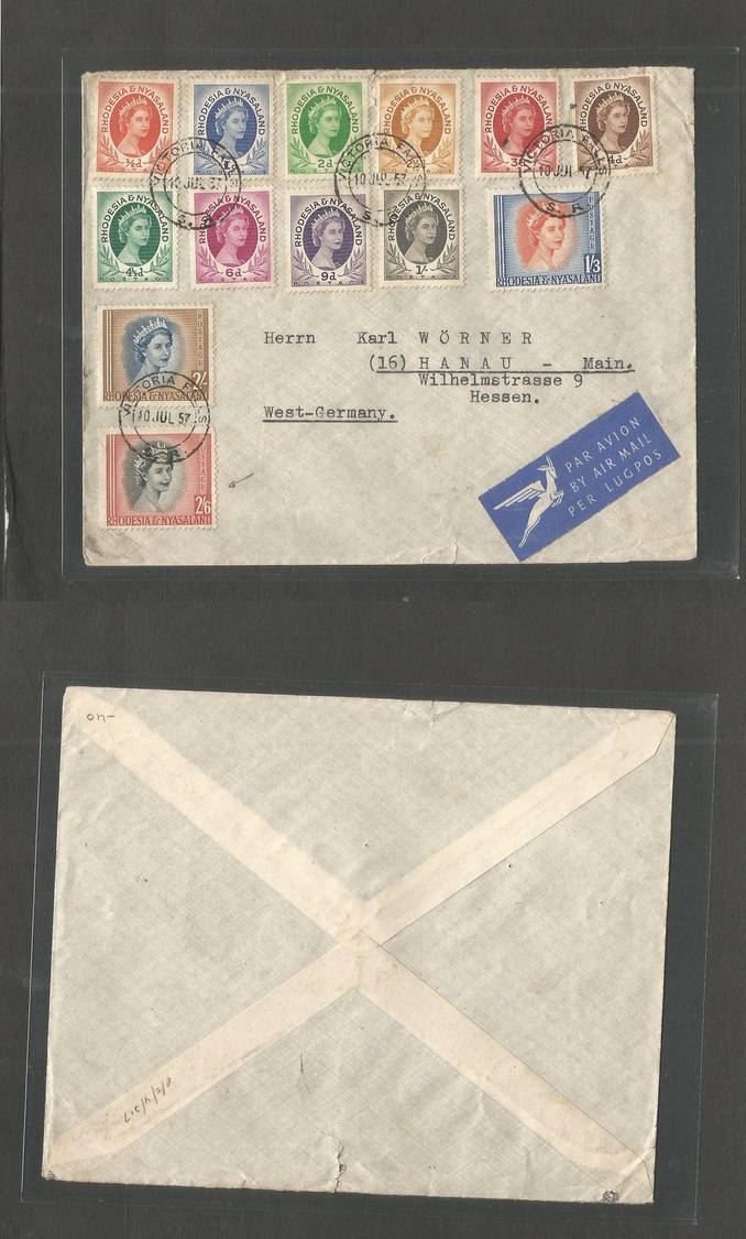 Bc - Rhodesia. 1957 (10 July) R-N. Victoria Falls - West Germany, Hanau. Air Multifkd Envelope. High Values To 2s6d Cds. - Autres & Non Classés