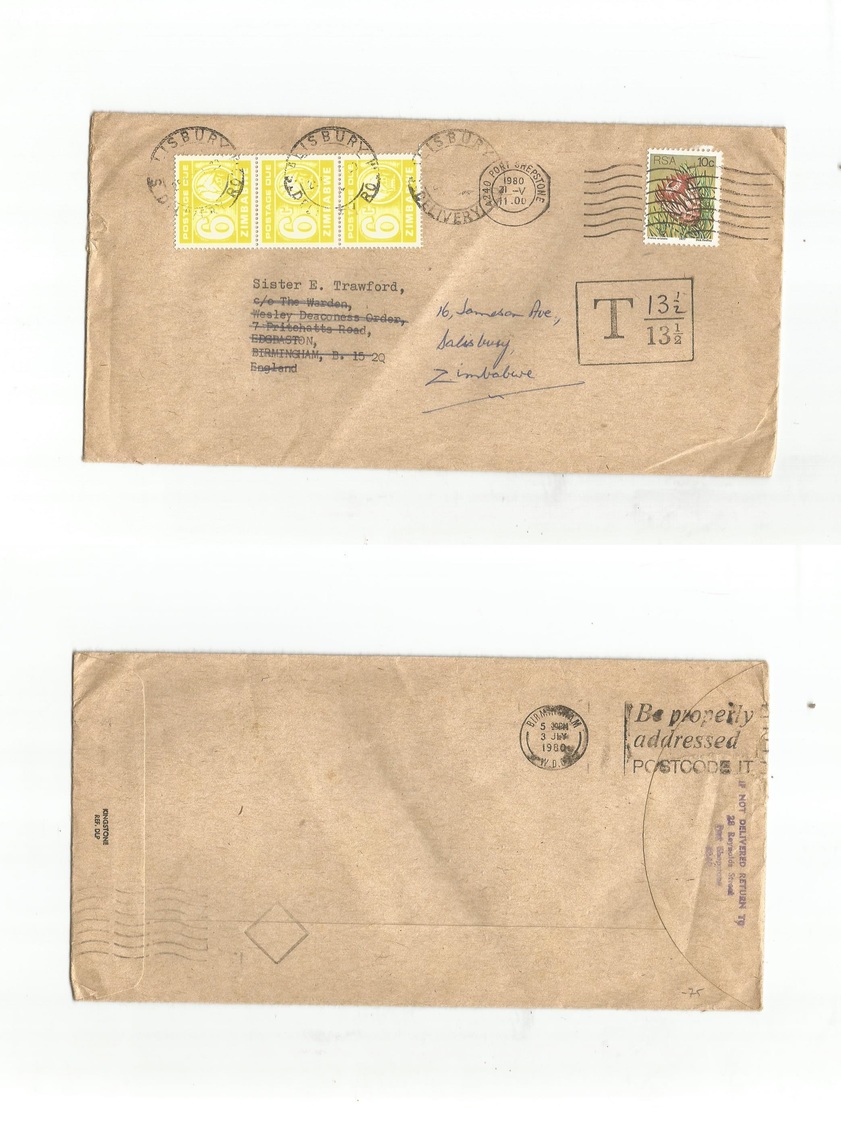 Bc - Rhodesia. 1980 (21 May) Port Shepstone, South Africa - UK - Rhodesia, Salisbury. Fkd Env + Arrival Postage Due (x3) - Autres & Non Classés