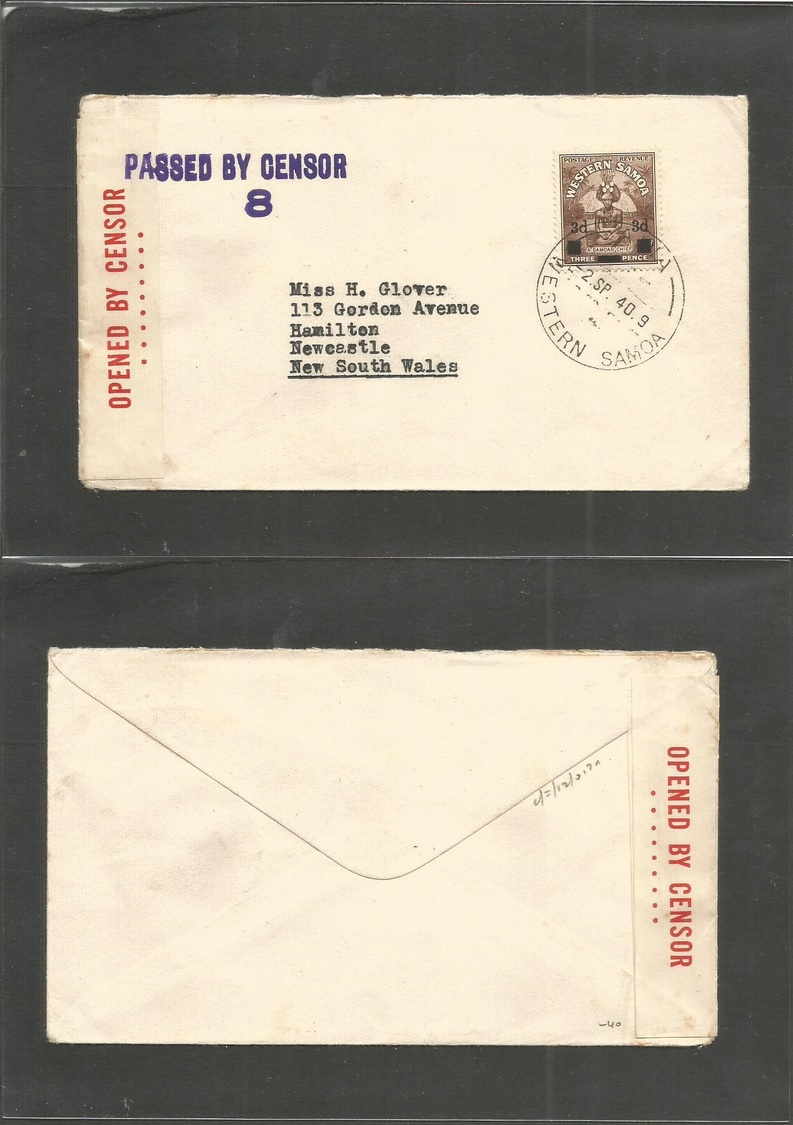 Bc - Samoa. 1940 (2 Sept) WS. Apia - Australia, NSW, New Castle. Single 3d Fkd Ovptd Issue Env + Censor Label + Cahcet + - Autres & Non Classés