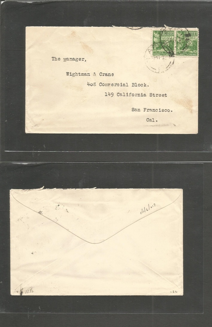 Bc - Samoa. 1927 (27 Sept) Apia - USA, SF, CAL. Fkd Env 1/2d Green Pair. Cds. - Autres & Non Classés