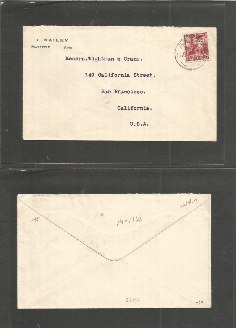 Bc - Samoa. 1926 (18 July) Apia - USA, CAL. SF. 1d Red Fkd Env 1 Railey, Matalife, Apia. Private. SG 154 (14x13 1/2 Perf - Autres & Non Classés
