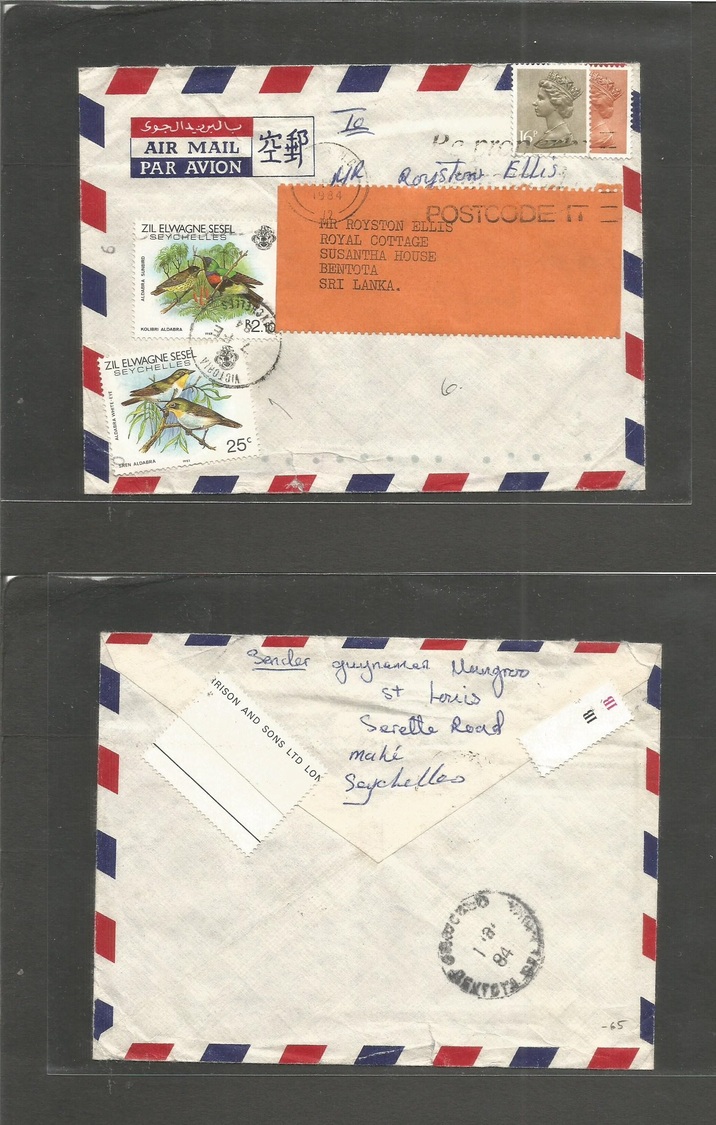 Bc - Seychelles. 1984 (7 Feb) Victoria - UK, Fwded To Sri Lanka With GB QE Ranking. Fine Airmail Comb Usage. - Autres & Non Classés