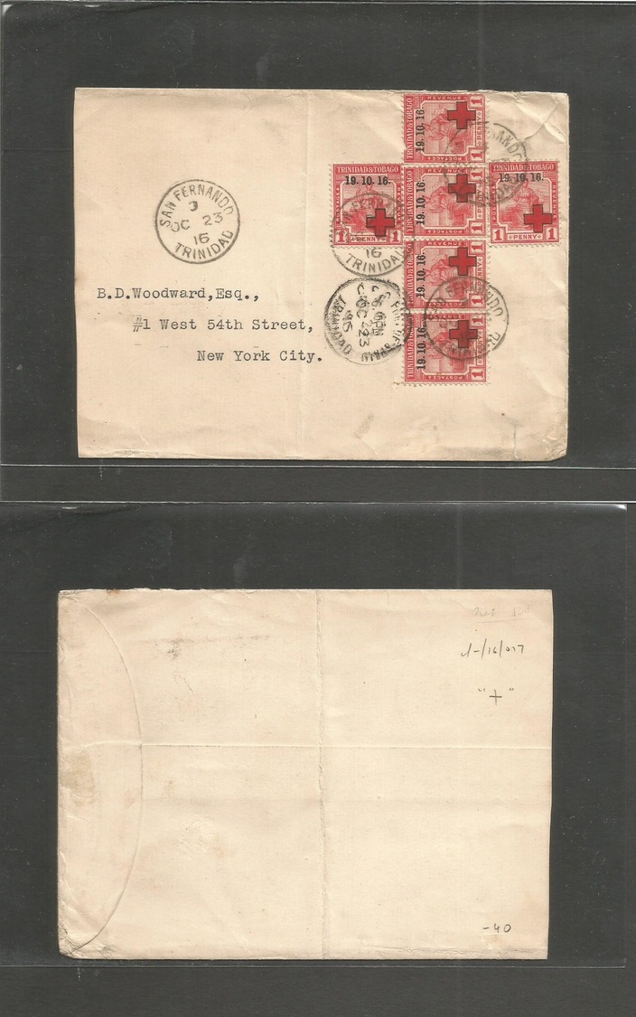 Bc - Trinidad. 1916 (Oct 23) San Fernando - USA, NYC. Multifkd Env By (x6) Ovptd RED Cross Issue In Cross Layout Form, T - Autres & Non Classés